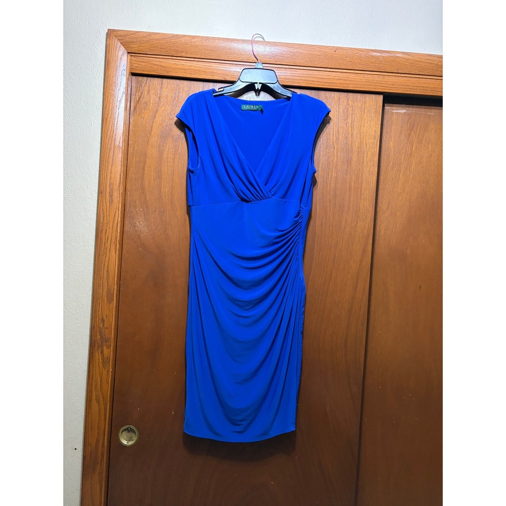 Lauren Ralph Lauren Royal Blue Ruched Surplice V-Neck Sheath Dress Size 10